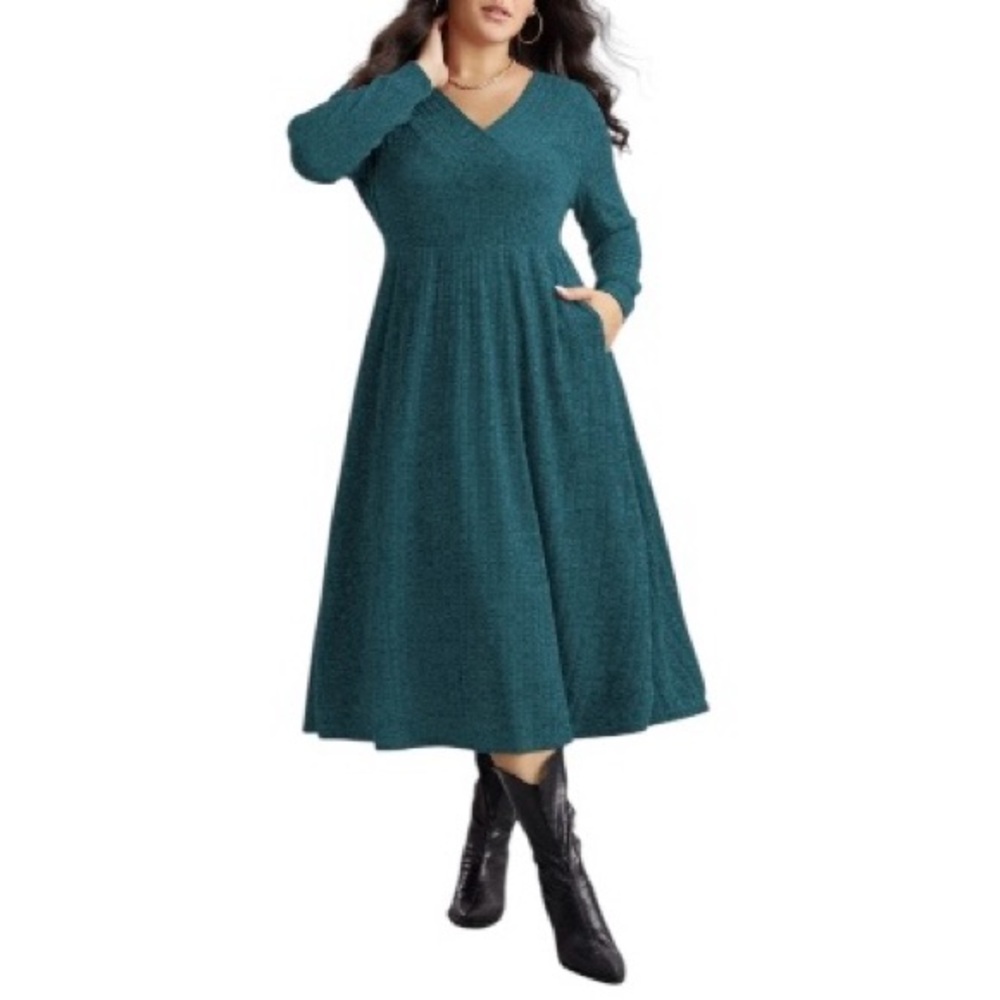 BloomChic Rib Knit Plain Plisse Long Sleeve Dress, Size 30/6X